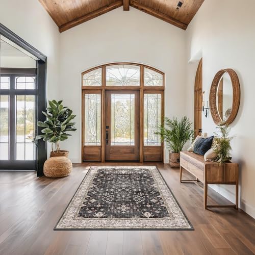 Black Modern Farmhouse 5x8 Area Rug for Living Room, Boho Large Entryway Rug, Dark Floor Carpet for Kitchen Under Small Dining Table, Bedroom - Washable Low Pile Waterproof Non Slip & Stain Resistance