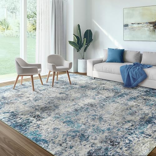 10x12 Area Rug for Living Room - Washable Abstract Rus Modern Neutral Soft Rug for Bedroom Dining Room No Slip Low Pile Carpet for Nursery Home Office - Grey/Blue