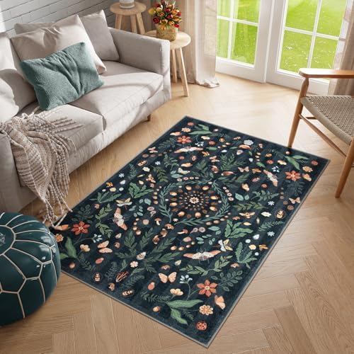 Lahome Washable Insect Botanical 3x5 Area Rugs for Entryway - Machine Washable Non-Slip Kitchen Rugs, Black Boho Low Profile Soft Faux Wool Indoor Door Mat for Bedroom, Bedside, Bathroom, Laundry