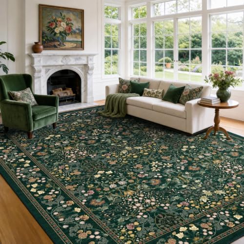 Amada Floral Washable Area Rug,8'x10',Dark Green