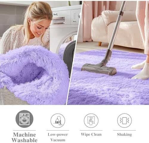 OLANLY Light Purple Round Rugs for Bedroom - Machine Washable, 4 ft Circle Area Rugs for Living Room, Soft and Fluffy Shaggy Carpet for Teen Girls and Boys, Nursery Rooms, Dorms, Home Decor Aesthetic