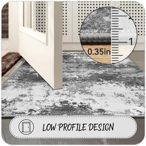 2x10 Hallway Runner Rug Non Slip Washable Grey Entryway Rug Runner with Rubber Backing 10ft Long Kitchen Carpet Runner for Laundry Room Bedroom, Low Pile Stain & Fade Resistant, Abstract Gray