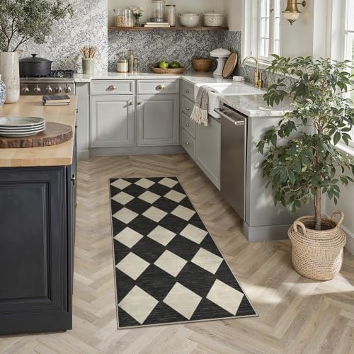 PureCozy Black 2x6 Washable Runner Rug Kitchen Non Slip Checkered Carpet