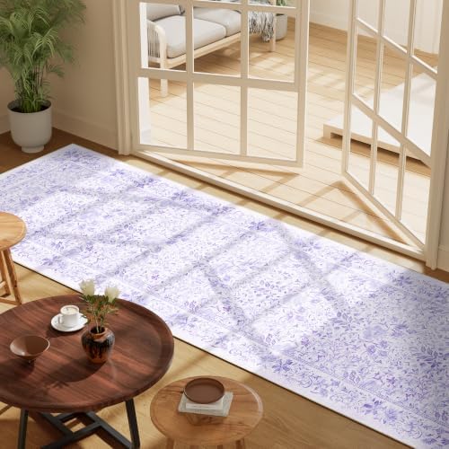 DUKINO 2.6x8 Runner Rug, Washable Vintage Floral Kitchen Rug, Purple
