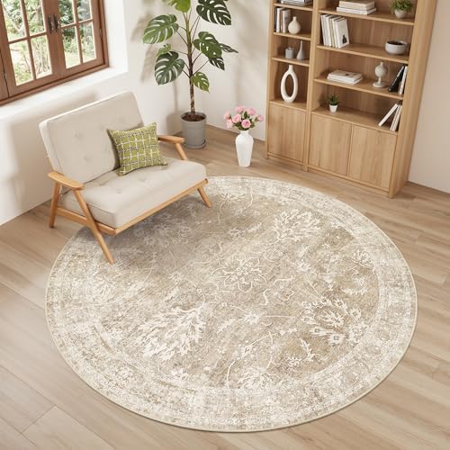 Madane Washable Round Rug 5ft for Living Room,Soft Neutral Rug Beige/Brown