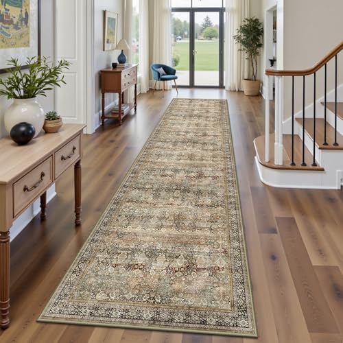 2x10 Hallway Runner Rug, Washable Vintage Retro Long Runner Rugs for Kitchen Laundry, Soft Ultra Thin Non Slip Low Pile Traditional Distressed Boho Carpet for Bedroom Bathroom, Charcoal Olive