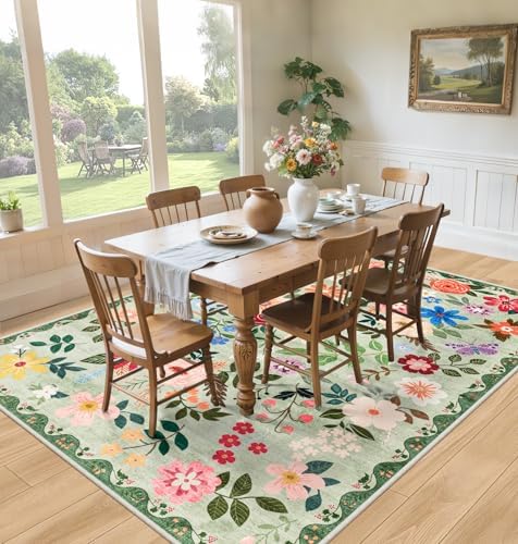 PLHXFR Area Rug 10x12 Living Room: Floral Washable Boho Soft Carpet Green