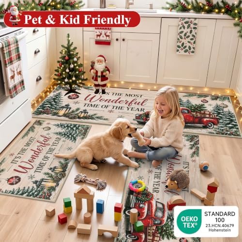 HEBE Christmas Kitchen Rugs Set of 3, Beige Washable Kitchen Mats for Floor