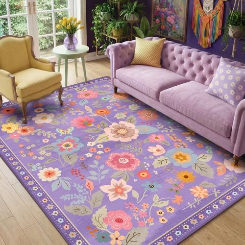 RELEANY Floral Washable 5x8 Area Rugs Purple/Pink