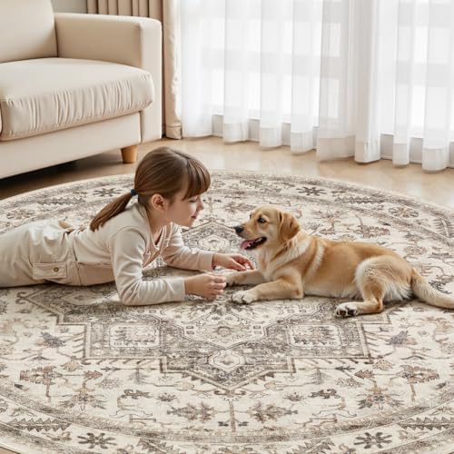 cotiled 8ft Round Living Room Area Rug, Washable, Traditional, Light Brown