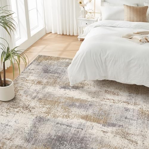 DMOYEST Area Rug Living Room Rugs - 5x7 Washable Soft Indoor Neutral Modern Abstract Low Pile Rug Carpet for Bedroom Dining Room Farmhouse Home Office - Brown Grey