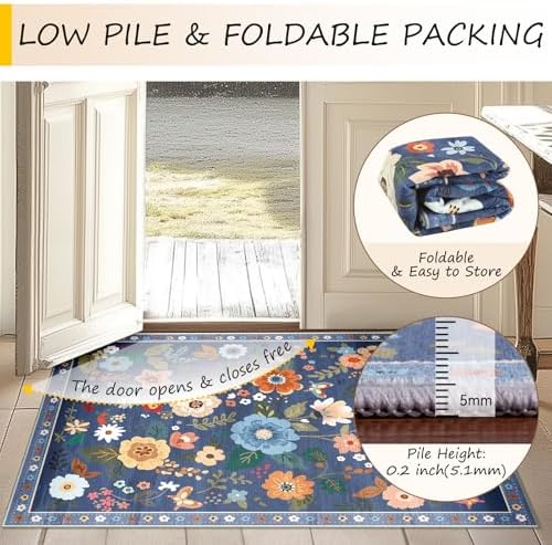 RELEANY Floral Washable 7x9 Area Rugs Blue/Grey