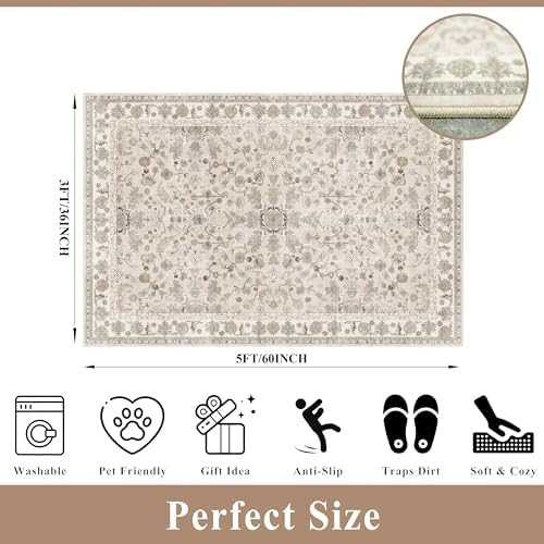 3x5 Kitchen Rug Washable Non-Slip, Beige Modern Boho Indoor Small Area Rugs for Entryway Bedroom Living Room, Soft Low-Pile Thin Door Mat