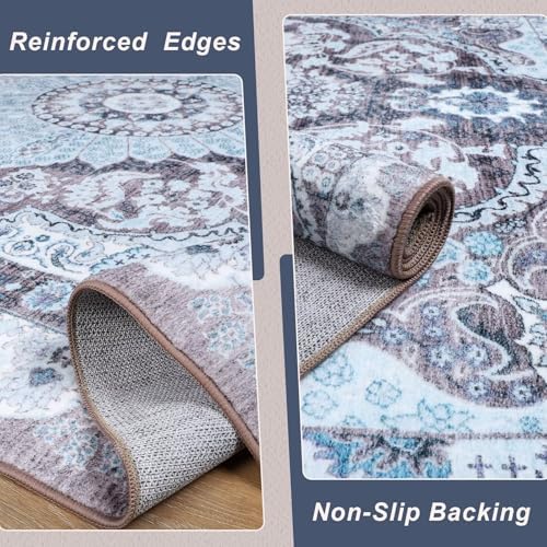 Macgace Washable Vintage Area Rug for Living Room, 5x7 Rugs Blue & Brown