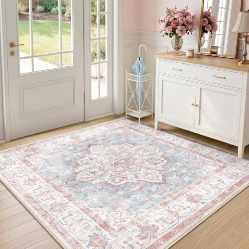 CAPALOCA Square 5ft Washable Nursery Girls Low Pile Area Rug Pink Blue