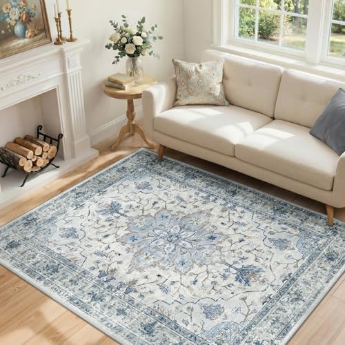 RELEANY Washable Area Rug, 4'x5', Blue/White/Gray
