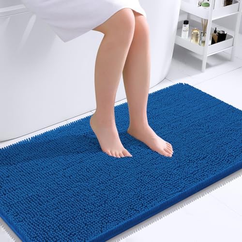 OLANLY Bathroom Runner Rugs 44x24, Soft Absorbent Chenille Bath Rugs, Rubber Backing Quick Dry, Machine Washable Long Bath Mats for Bathroom, Tub and Shower, Home Decor Accessories, Deep Navy Blue