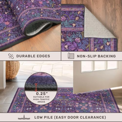 Machine Washable Dark Plum Purple Area Rug 8x10 Vintage Botanical Pattern