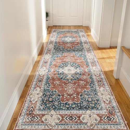 Ksrau 3x8 Runner Rug Washable Vintage: Non Slip Kitchen Runners Brick/Blue