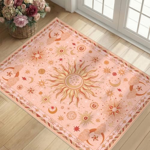 Vacuum-Friendly, 2x3 Washable Area Rug, Pink Gold Beige Red
