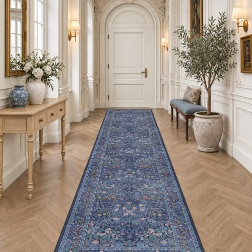 Vintage 3x16 Wide Hallway Runner Rug Non Slip, Ultra Thin Large Kitchen Indoor Floor Rugs for Entryway Hall Way, Soft Stain Resistant Low Pile Blue Floral Carpet