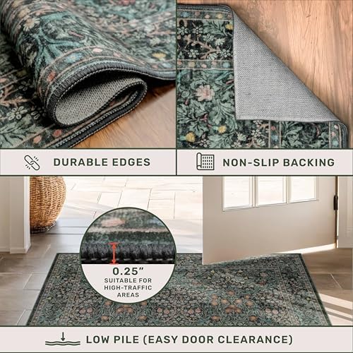 Dark Green 4x6 Entryway Rug, Washable Area Rug 4x6 for Living Room, Bedroom, Large Kitchen, Ultra Soft Non Slip Stain Resistance, Floral Distressed Aethestic Design