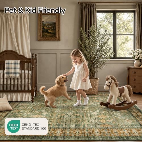 9x12 Area Rug for Living Room, Non-Slip Washable Large Carpet, Olive Green
