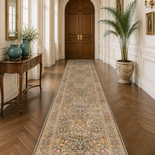 Brown 2'6" x 10' Hallway Runner Rug Non Slip - Washable Kitchen Rug Stain Resistant, 10ft Extra Long Thin Entryway Indoor Mats, Soft Boho Vintage Gold Brown Floral Indoor Carpet Runner Décor Low Pile