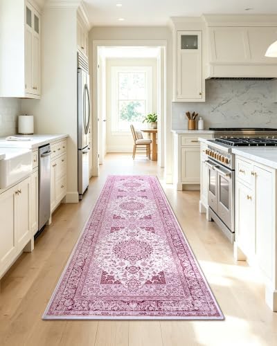 Macgace Washable Vintage Area Rug for Hallway, 2x8 Pink Runner Rugs