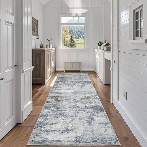 Aelenmu Runner Rugs for Hallways Kitchen 2.6x8 Non Slip Washable Blue Grey