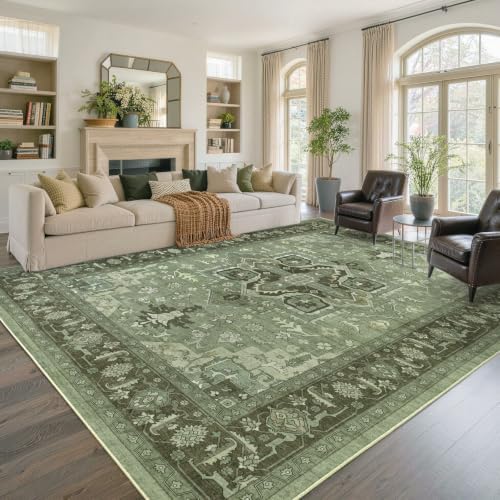 8x10 Ft Large Area Rugs for Living Room, Soft Non-Slip Machine Washable Rug, Vintage Stain Resistant Carpets for Bedroom Nursery Dining Room Home Decor (Green)