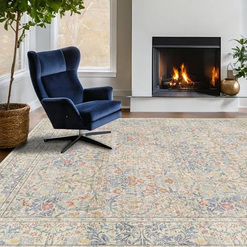 Hazo Haus Boho Beige Blue Living Room Rug 6x8 - Vintage Retro Floral Paste Neutral, Washable Low Pile Non-Slip Large Area Rugs for Dining Under Table, Bedroom