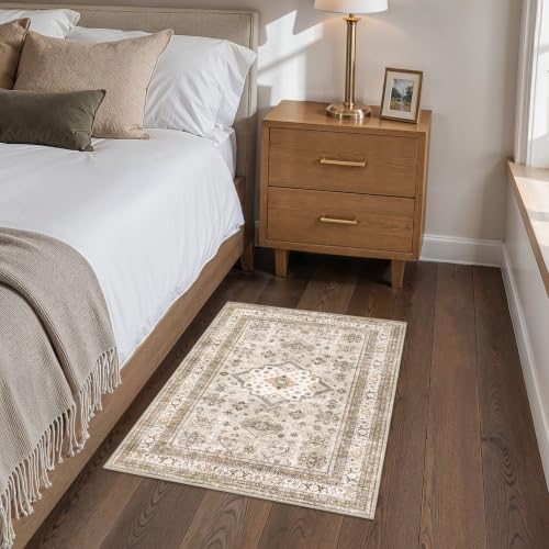 cotiled 2x3 Area Rug for Living Room, Washable, Traditional, Beige
