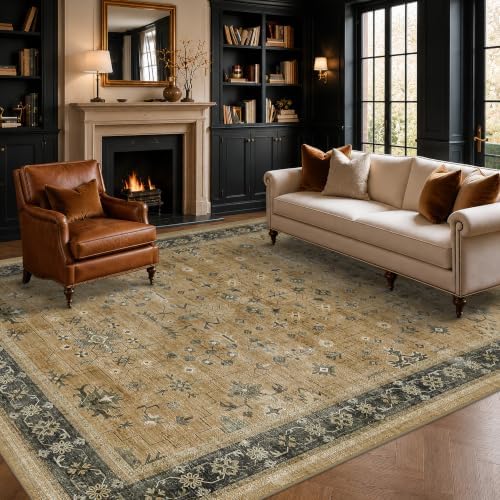 Boho 7x10 Living Room Rug - Washable Rustic Brown and Charcoal Olive Bedroom Area Rug, Modern Vintage Dining Room Carpet, Non-Slip Stain & Fade Resistant