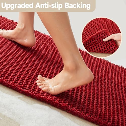 TYUU Waffle Runner Rug Bathroom, Long Boho Bath Mat, 60x24 Burgundy