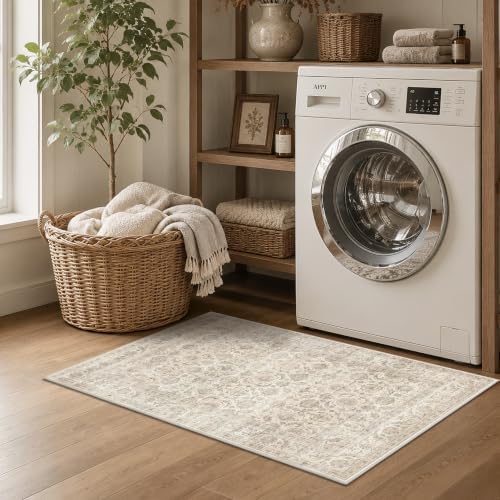 JOOJA 9x12 Beige Vintage Floral Low Pile Non Slip Washable Neutral Area Rug