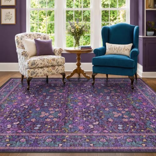 Washable Violet 5x7 Area Rug for Living Room, Vintage Dark Purple Dining Room Rugs for Under Table, Boho Foldable Low Pile Soft Carpet, Stain Resistant & Traditional Plum Floral Design