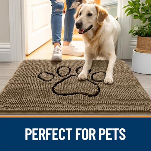 OLANLY Dog Door Mat for Muddy Paws 70x24, Paw Print Design Chenille Mud Mat