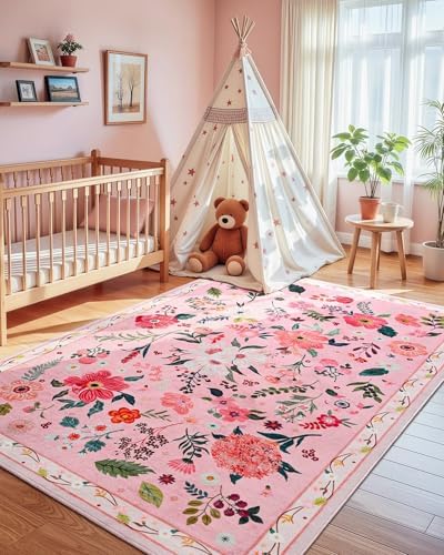 Macgace Floral Area Rug for Living Room, Machine Washable 5x7 Pink Rugs