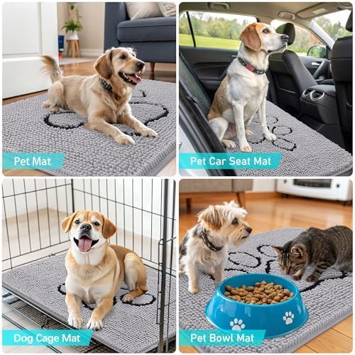 OLANLY Dog Door Mat for Muddy Paws 30x20, Paw Print Design Chenille Mud Mat