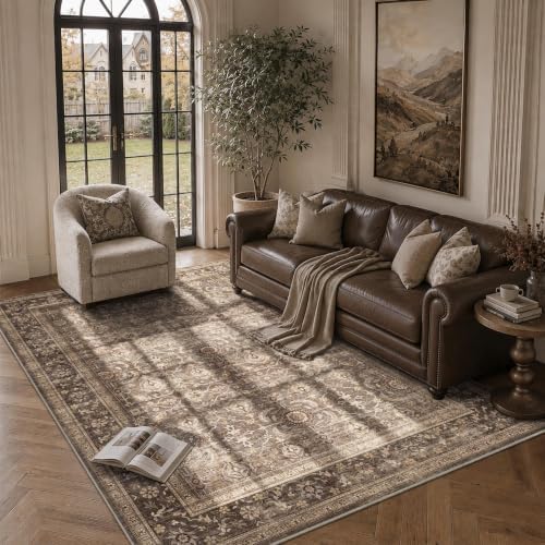 JOOJA 6x9 Brown Vintage Boho Washable Area Rug, Soft Low Pile Floor Carpet