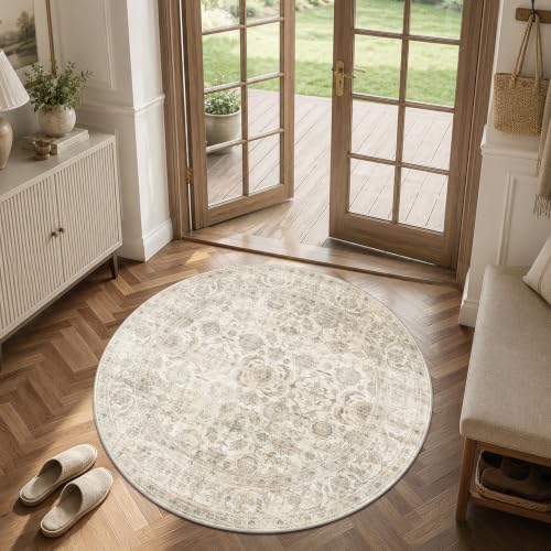 JOOJA 5x5 Beige Vintage Soft Low Pile Washable Boho Round Living Room Rug