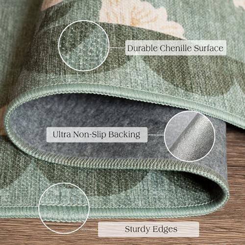 3x3 Square Entryway Rug - Non-Slip Washable Front Door Mat Indoor Outside Entrance Small Porch Rug Sage Green Cottage Scalloped Throw Rugs for Entryway Kitchen Bedroom Office Front Porch Decor