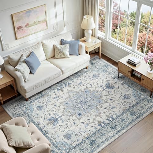 RELEANY Washable Area Rug, 7'x9', Blue/White/Gray