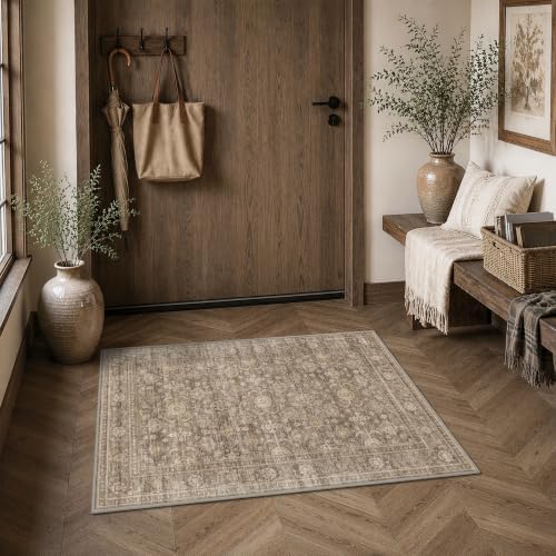 JOOJA 4x6 Neutral Tan Vintage Boho Washable Area Rug, Low Pile Soft Rug