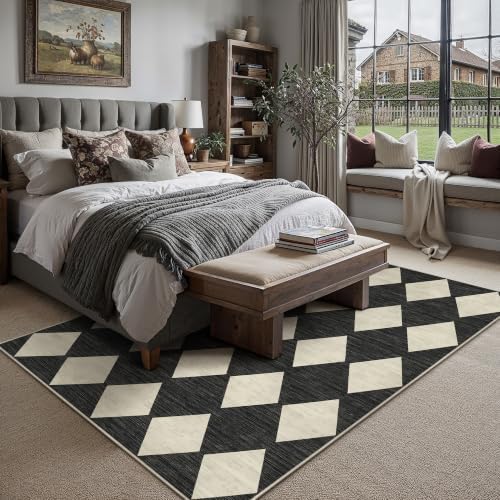 PureCozy Black 10x14 Washable Area Rug Large Non Slip Checkered Carpet