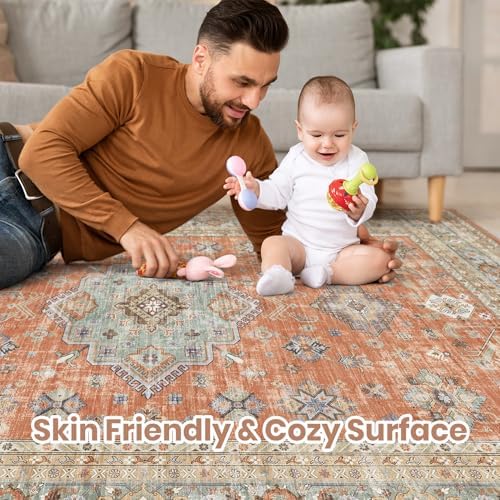 cotiled 9x12 Area Rug for Living Room, Washable, Traditional, Orange