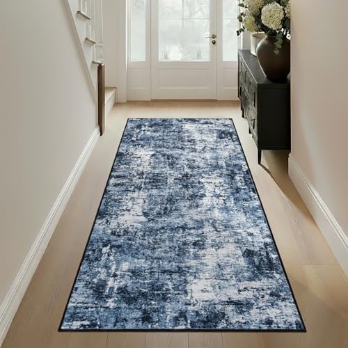 Rugflix 2x7 Runner Rug for Hallway, Washable Navy Blue Kitchen Runners
