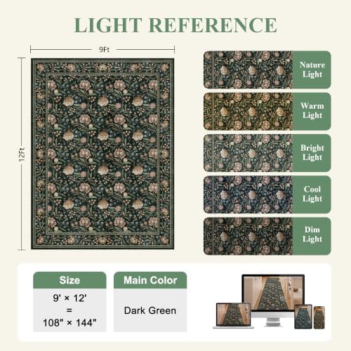 DUKINO 9x12 Area Rug for Living Room Vintage Floral Washable Rug Dark Green