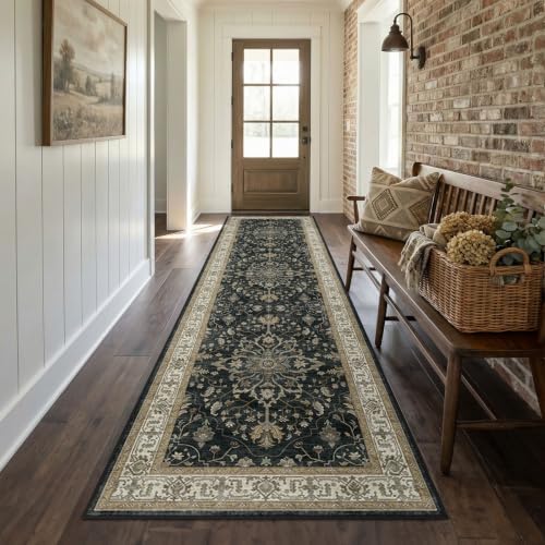 RELEANY Washable Area Rug, Runner 2'x7', Black/Vintage/Beige
